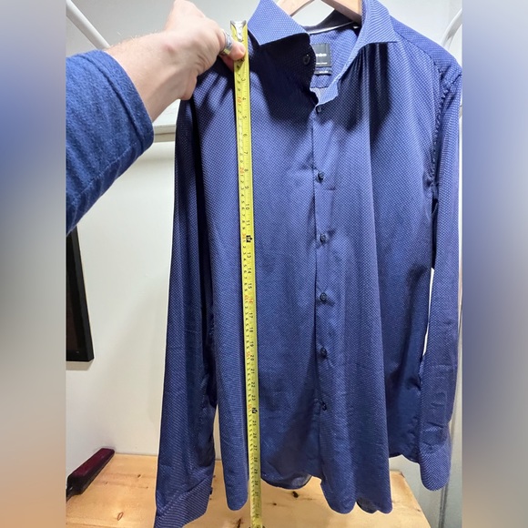 Strellson Houndstooth Cotton Button Up, Mens 17 EU 43, navy blue - Picture 7 of 11